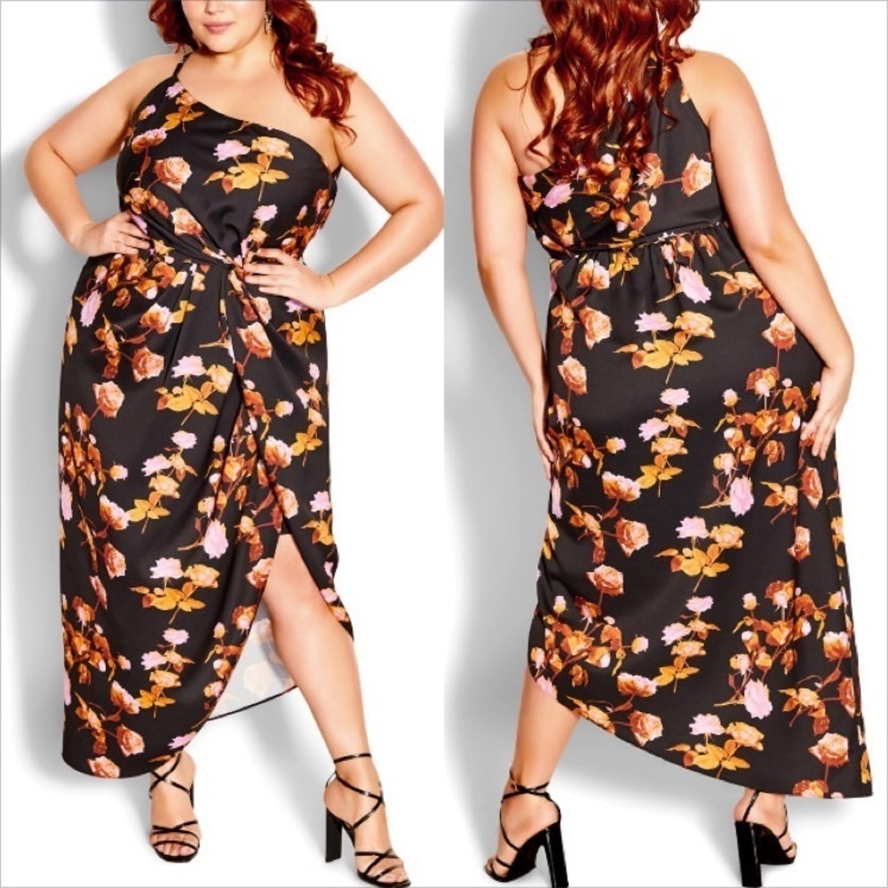 CITY CHIC‎ black Vivid Floral one shoulder Dress